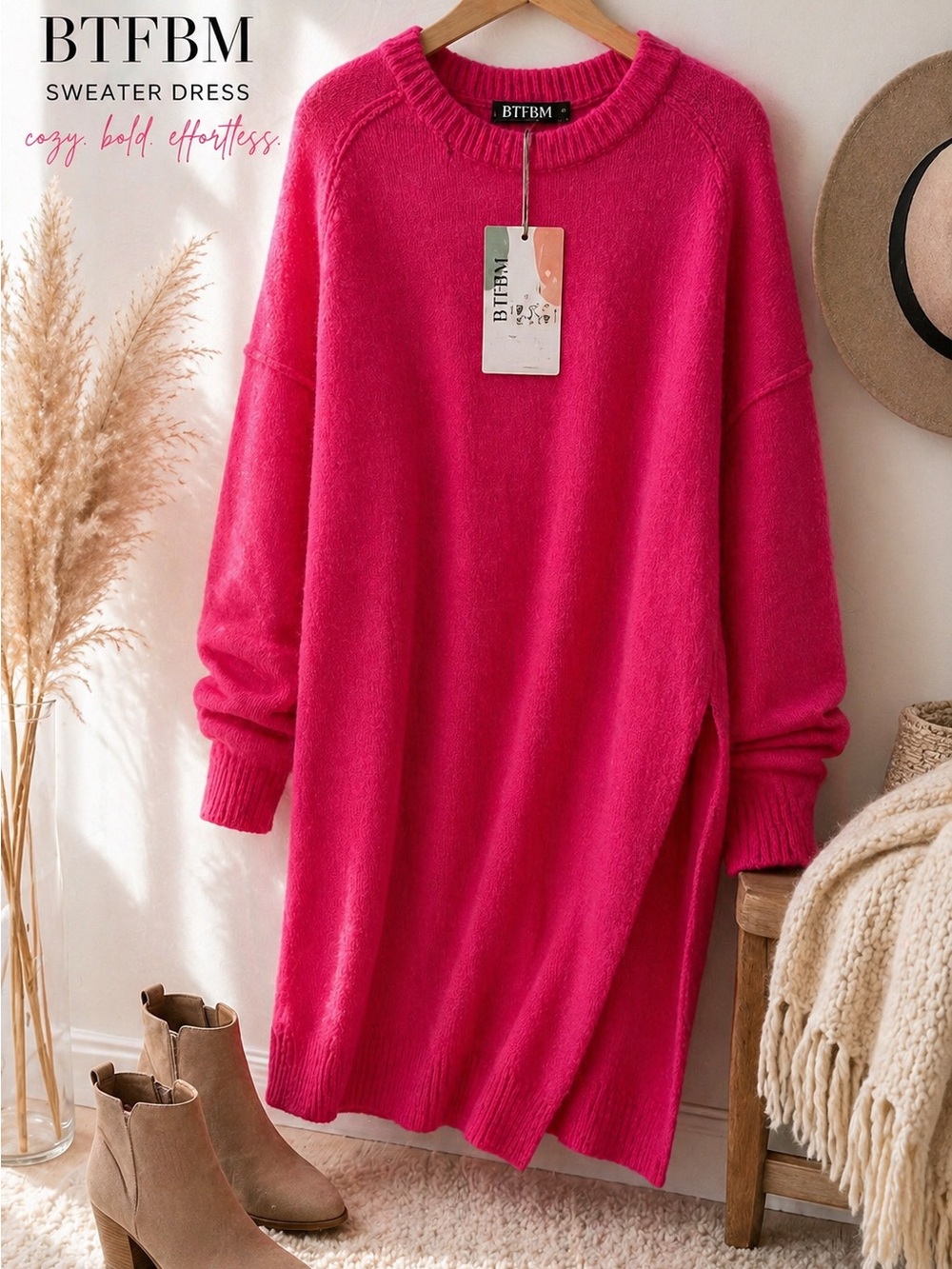 BTFBM Hot Pink Sweater Dress NWT Oversized Side Slit Cozy Knit Size S